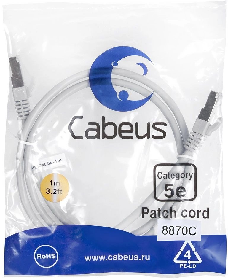 Патч-корд Cabeus PC-FTP-RJ45-CAT.5E-1M-LSZH F/UTP RJ-45 вил.-вилка RJ-45 кат.5E 1м серый LSZH