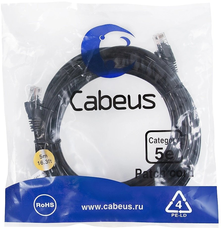 Патч-корд Cabeus PC-UTP-RJ45-CAT.5E-5M-BK-LSZH U/UTP RJ-45 вил.-вилка RJ-45 кат.5E 5м черный LSZH