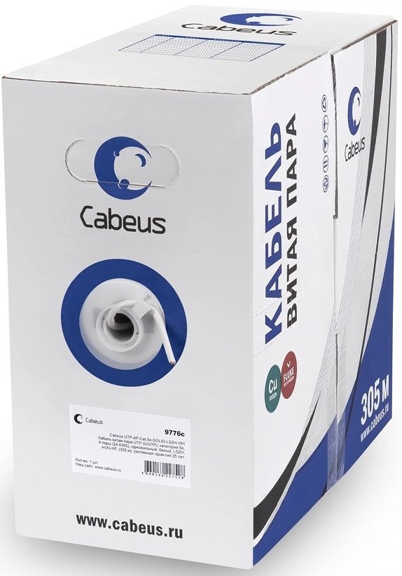 Кабель информационный Cabeus UTP-4P-Cat.5e-SOLID-LSZH-GY кат.5E U/UTP 4 пары LSZH внутренний 305м серый