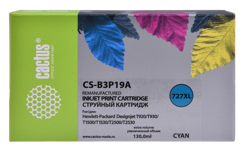 Картридж струйный Cactus CS-B3P19A №727 голубой (130мл) для HP DJ T920/T1500 с чипом