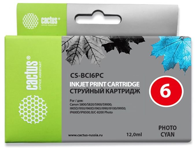 Картридж струйный Cactus CS-BCI6PC светло-голубой (12мл) для Canon BJC-8200; PIXMA MP750/ MP760/ MP780/ iP4000/ iP5000/ iP6000D/ iP8500; S800/ S820D/ S830D/ S900/ S9000/ i865/ i905D/ i9100/ i950/ i965/ i990/ i9900/ i9950 с чипом