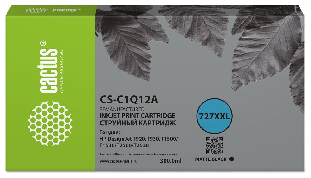 Картридж струйный Cactus CS-C1Q12A №727 черный пигментный (300мл) для HP Designjet T920/T930/T1500/T1530 с чипом
