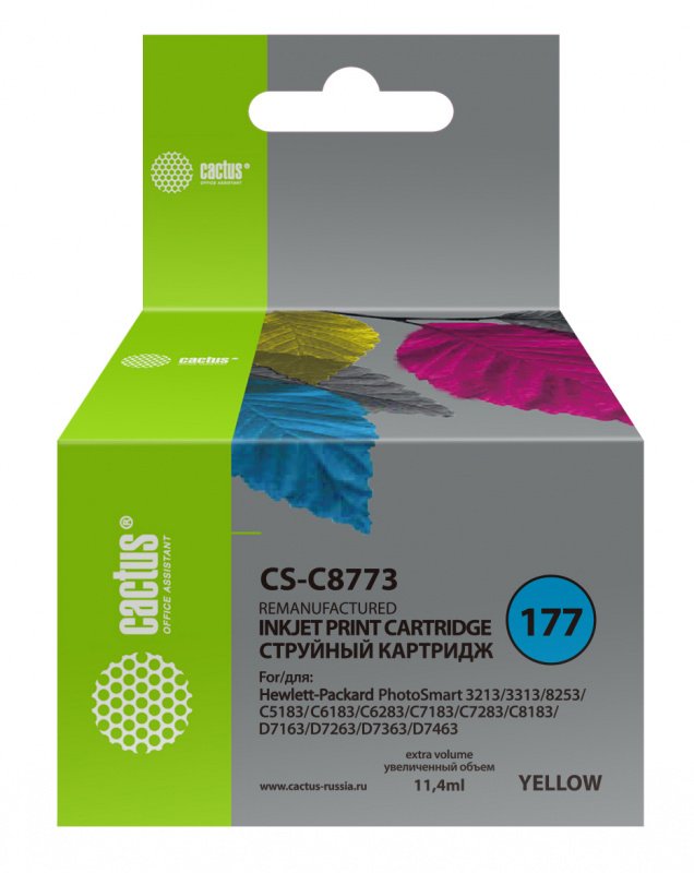 Картридж струйный Cactus CS-C8773 №177 желтый (11.4мл) для HP PS 3213/3313/8253/C5183/C6183/C6283/C7183/C7283/C8183/D7163/D7263/D7363/D7463 с чипом