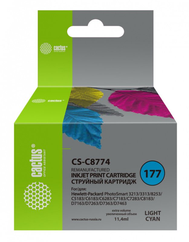 Картридж струйный Cactus CS-C8774 №177 светло-голубой (11.4мл) для HP PS 3213/3313/8253/C5183/C6183/C6283/C7183/C7283/C8183/D7163/D7263/D7363/D7463 с чипом