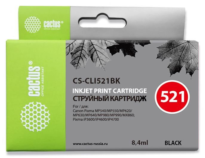 Картридж струйный Cactus CS-CLI521BK черный (9мл) для Canon Pixma MP540/MP550/MP620/MP630/MP640/MP660/MP980/MP990/iP3600/iP4600/iP4700/MX860 с чипом