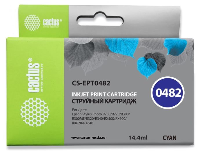 Картридж струйный Cactus CS-EPT0482 T0482 голубой (14.4мл) для Epson Stylus Photo R200/R220/R300/R320/R340/RX500/RX600/RX620/RX640 с чипом