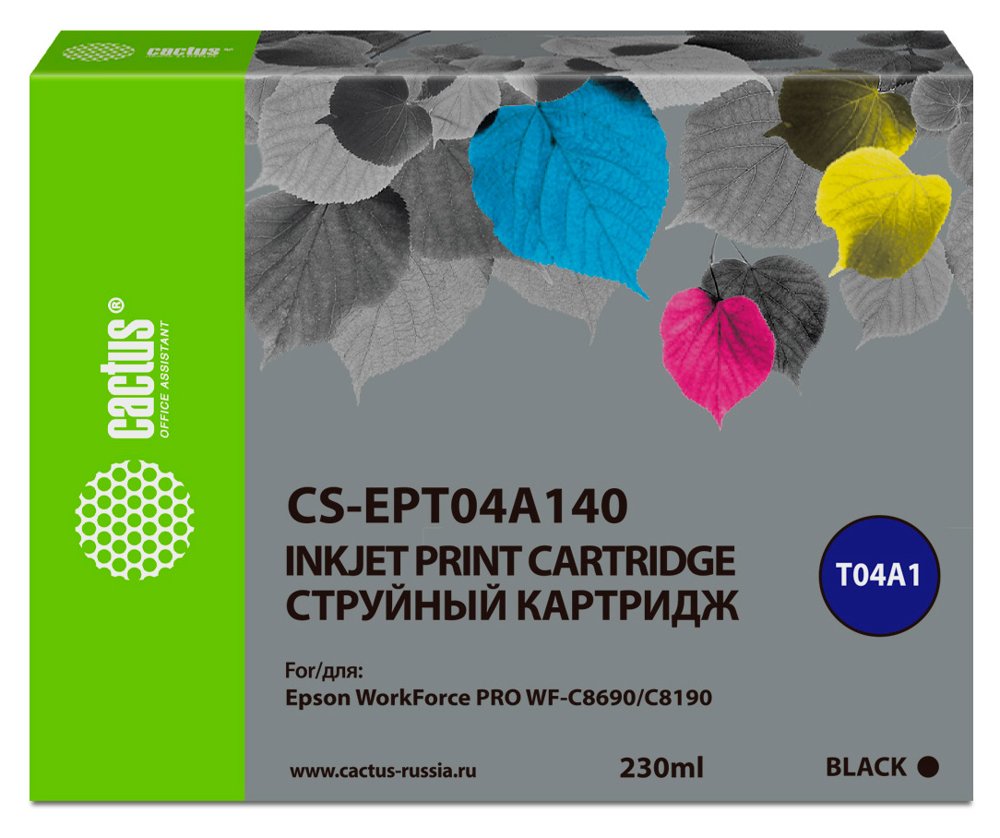 Картридж струйный Cactus CS-EPT04A140 T04A1 черный пигментный (230мл) для Epson WorkForce Pro WF-C8190, WF-C8690 с чипом