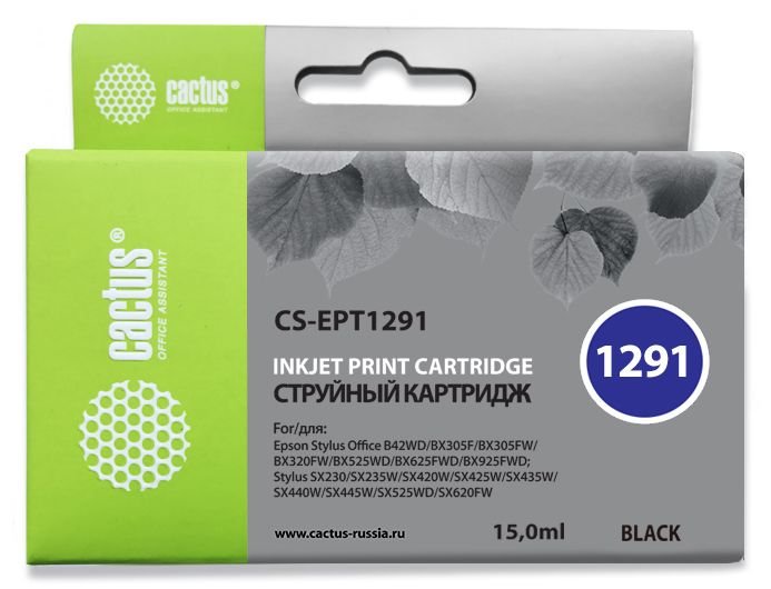 Картридж струйный Cactus CS-EPT1291 T1291 черный (15мл) для Epson Stylus Office B42/BX305/BX305F/BX320/BX525/BX625/SX420/SX425/SX525/SX620 с чипом