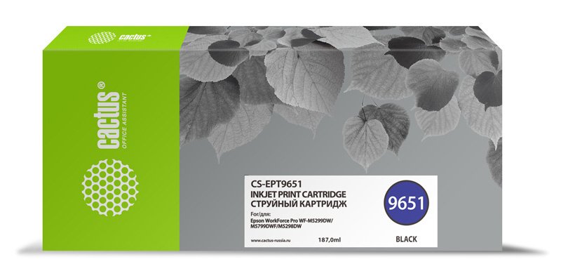 Картридж струйный Cactus CS-EPT9651 T9651 черный пигментный (10000стр.) (187мл) для Epson WorkForce Pro WF-M5299DW/M5799DWF с чипом