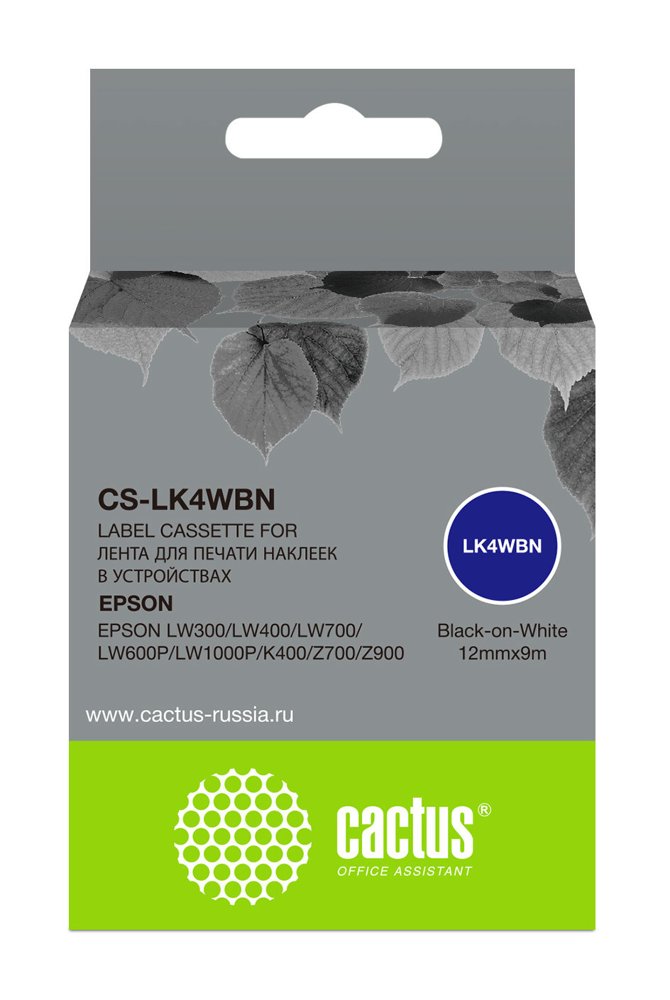 Картридж ленточный Cactus CS-LK4WBN LK-4WBN черный на белом 12x9 для Epson LW300/LW400/LW700/LW600P/LW1000P/K400/Z700/Z900 без чипа
