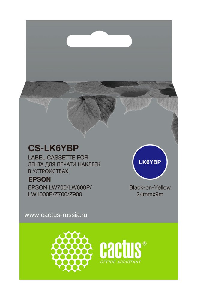 Картридж ленточный Cactus CS-LK6YBP LK-6YBP черный на желтом 24x9 для Epson LW700/LW600P/LW1000P/Z700/Z900
