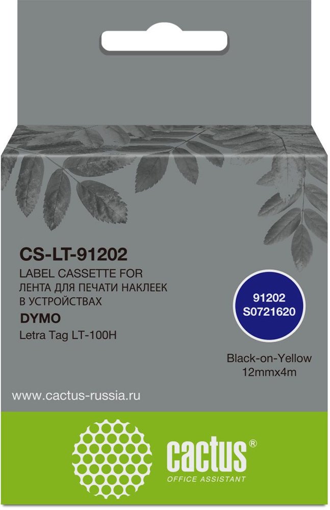 Картридж ленточный Cactus CS-LT-91202 91202 черный на желтом 12x4 для Dymo Letra Tag LT-100H без чипа
