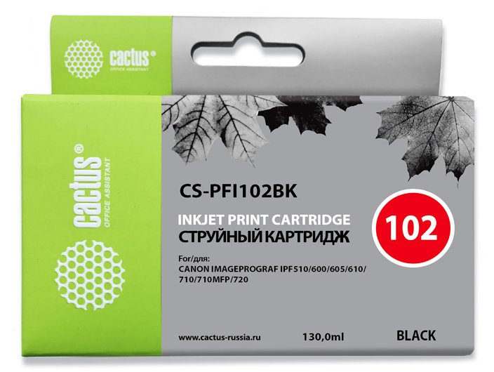 Картридж струйный Cactus CS-PFI102BK PFI-102 BK черный (130мл) для Canon iPF500/iPF600/iPF700/ MFP M40/iPF765/LP17/LP24 с чипом