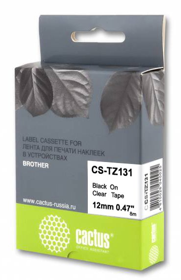 Картридж ленточный Cactus CS-TZ131 TZe-131 черный на прозрачном 12x8 для Brother 1010/1280/1830VP/7600VP