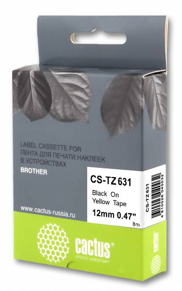 Картридж ленточный Cactus CS-TZ631 TZe-631 черный на желтом 12x8 для Brother 1010/1260VP/1830VP/9700PC