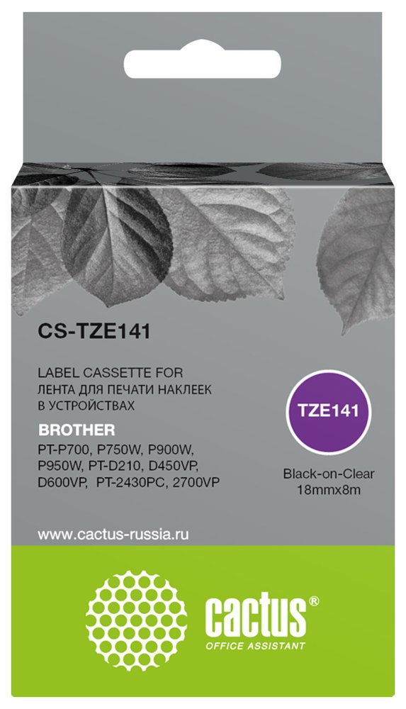 Картридж ленточный Cactus CS-TZE141 TZe-141 черный на прозрачном 18x8 для Brother PT-P700/P750W/P900W/P950W/PT-D210/D450VP/D600VP/PT-2430PC/2700VP без чипа