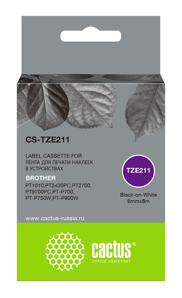 Картридж ленточный Cactus CS-TZE211 TZe-211 черный на белом 6x8 для Brother 1010/1280/1280VP/2700VP
