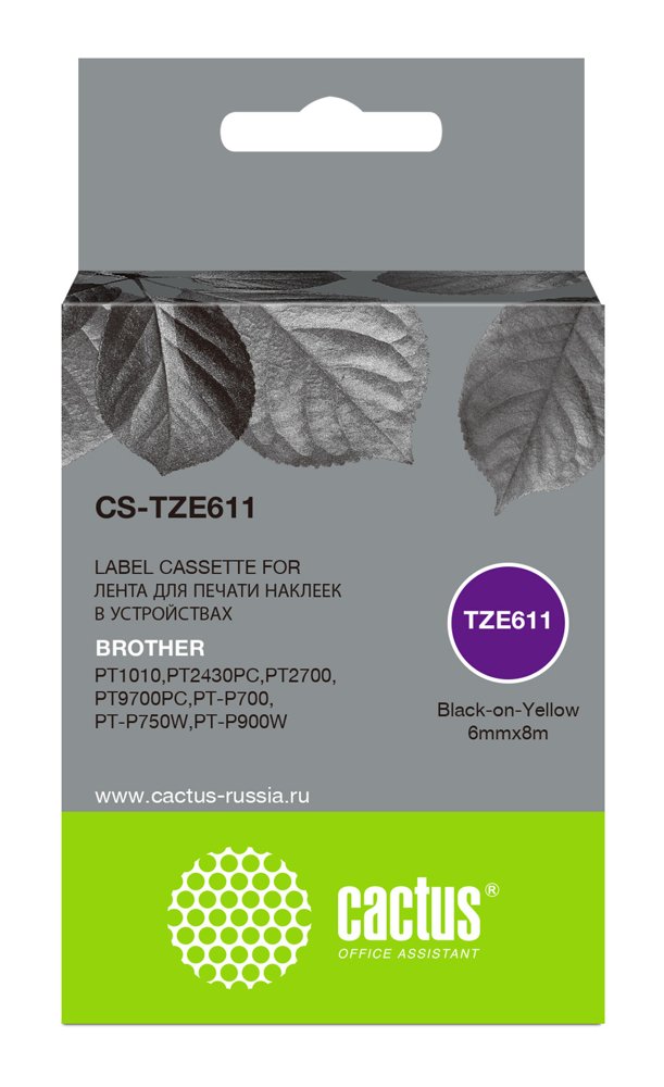 Картридж ленточный Cactus CS-TZE611 TZe-611 черный на желтом 6x8 для Brother 1010/1280/1280VP/2700VP
