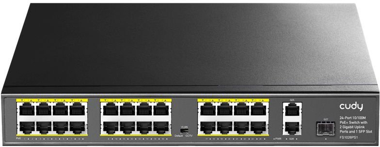 Коммутатор Cudy FS1026PS1 (L2) 24x100Мбит/с 2x1Гбит/с 1SFP 24PoE 24PoE+ 300W неуправляемый