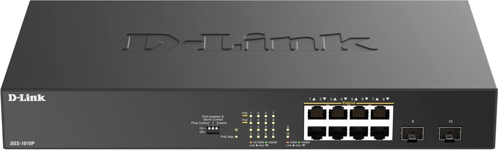 Коммутатор D-Link DGS-1010P/B1A (L2) 8x1Гбит/с 2SFP 8PoE 8PoE+ 125W неуправляемый