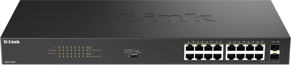 Коммутатор D-Link DGS-1018P DGS-1018P/B1A (L2) 16x1Гбит/с 2SFP 16PoE 240W неуправляемый