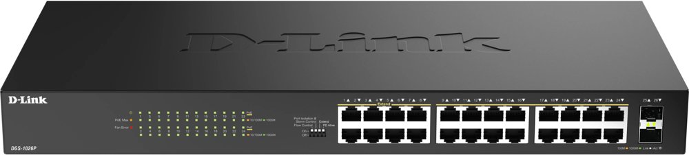 Коммутатор D-Link DGS-1026P DGS-1026P/A1A (L2) 24x1Гбит/с 2SFP 24PoE 240W неуправляемый
