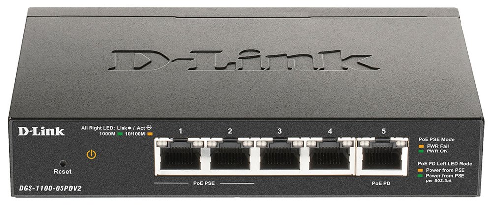 Коммутатор D-Link DGS-1100-05PDV2 DGS-1100-05PDV2/A1A 5x1Гбит/с 2PoE 18W настраиваемый