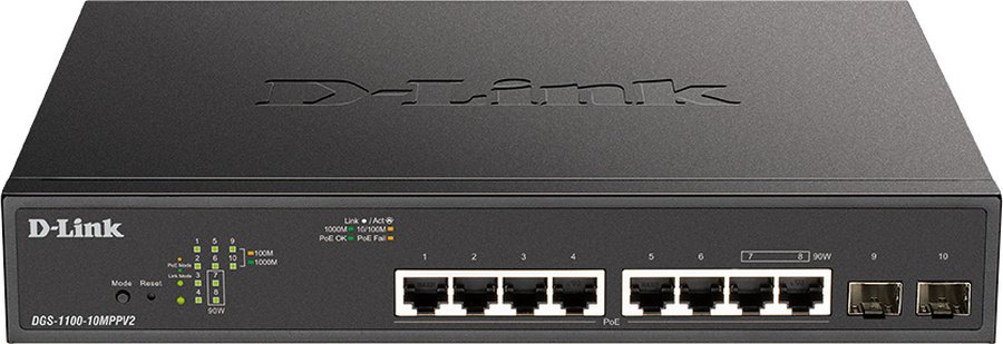 Коммутатор D-Link DGS-1100-10MPPV2/A DGS-1100-10MPPV2/A3A (L2) 8x1Гбит/с 2SFP 8PoE+ 242W настраиваемый