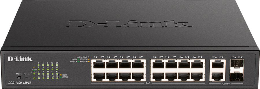 Коммутатор D-Link DGS-1100-18PV2/A DGS-1100-18PV2/A3A (L2) 16x1Гбит/с 2xКомбо(1000BASE-T/SFP) 2SFP 130W настраиваемый