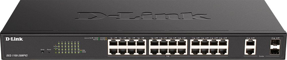 Коммутатор D-Link DGS-1100-26MPV2/A3A (L2) 24x1Гбит/с 2xКомбо(1000BASE-T/SFP) 24PoE 370W управляемый
