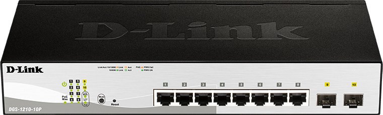 Коммутатор D-Link DGS-1210-10P/F3A (L2) 8x1Гбит/с 2SFP 8PoE 65W настраиваемый