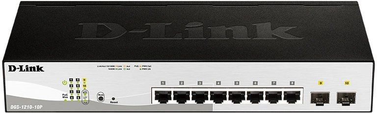Коммутатор D-Link DGS-1210-10P DGS-1210-10P/FL2A (L2+) 8x1Гбит/с 2xКомбо(1000BASE-T/SFP) 8PoE 8PoE+ 65W управляемый