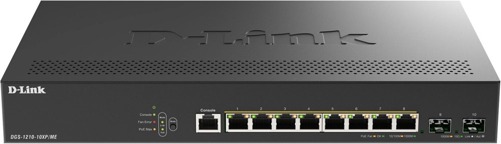 Коммутатор D-Link DGS-1210-10XP/ME/C1A (L2) 8x1Гбит/с 2SFP+ 8PoE+ 240W управляемый