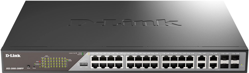 Коммутатор D-Link DSS-200G-28MPP/A1A (L2) 24x1Гбит/с 4xКомбо(1000BASE-T/SFP) 518W настраиваемый
