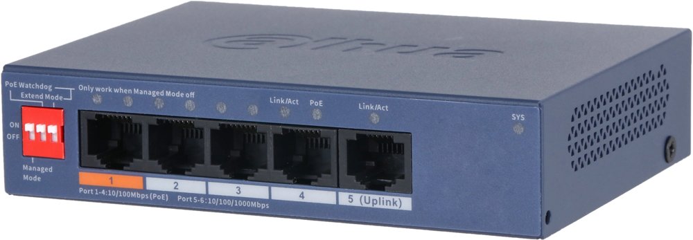 Коммутатор Dahua DH-CS4005-4ET1GT-60 (L2) 4x100Мбит/с 1x1Гбит/с 4PoE 60W управляемый