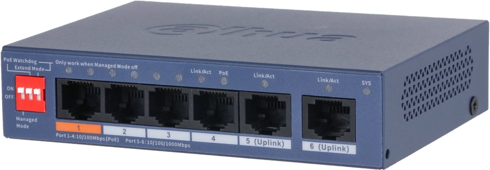 Коммутатор Dahua DH-CS4006-4ET2GT-60 (L2) 4x100Мбит/с 2x1Гбит/с 2xКомбо(1000BASE-T/SFP) 4PoE 60W управляемый