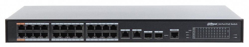 Коммутатор Dahua DH-PFS4226-24ET-240 (L2) 24x100Мбит/с 2x1Гбит/с 2xКомбо(1000BASE-T/SFP) 22PoE+ 2PoE++ 240W управляемый