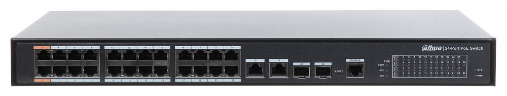 Коммутатор Dahua DH-PFS4226-24ET-360 (L2) 24x100Мбит/с 2x1Гбит/с 2xКомбо(1000BASE-T/SFP) 22PoE+ 2PoE++ 360W управляемый