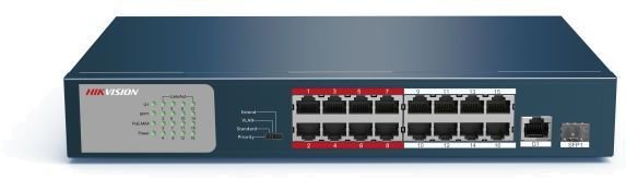 Коммутатор Hikvision DS-3E0318P-E/M(C) (L2) 16x100Мбит/с 1x1Гбит/с 1xКомбо(1000BASE-T/SFP) 1SFP 16PoE 16PoE+ 130W неуправляемый