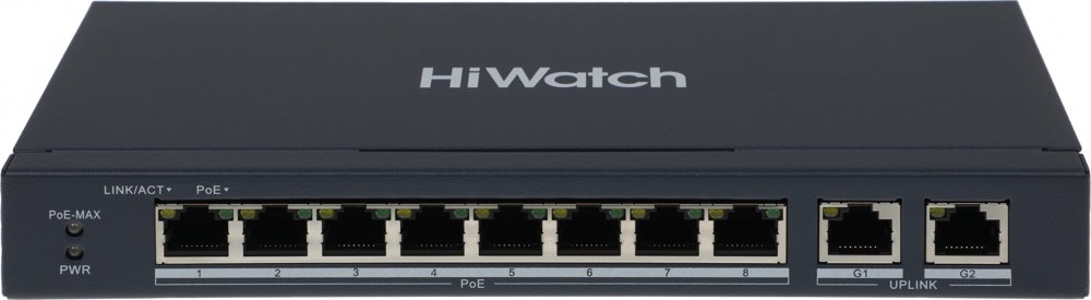 Коммутатор HiWatch DS-S1008P 8x100Мбит/с 2x1Гбит/с 8PoE 8PoE+ 60W неуправляемый