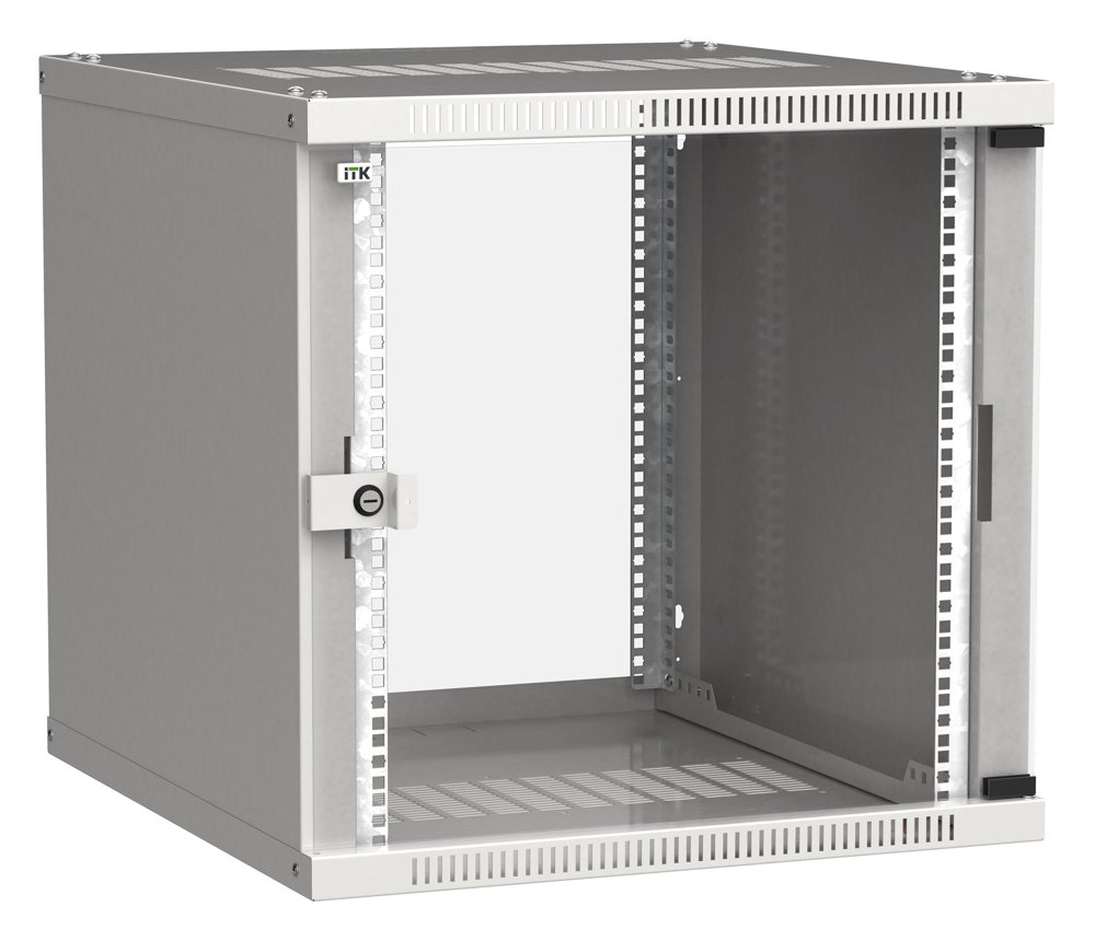 Шкаф коммутационный ITK Linea WE (LWE3-09U66-GF) настенный 9U 600x600мм пер.дв.стекл направл.под закл.гайки 50кг серый 550мм 16.8кг 200град. 450мм IP20 IK08 сталь