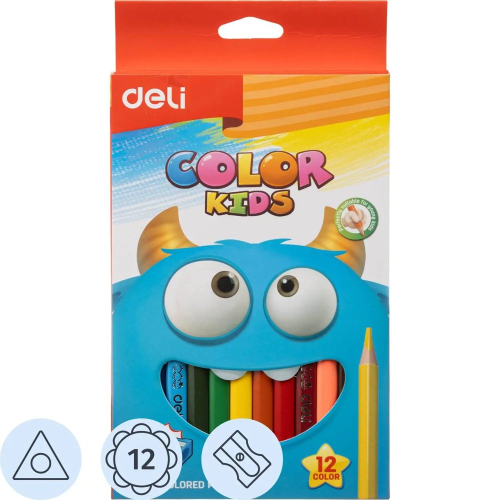 Карандаши цветные Deli Color Kids Jumbo 12 карандашей 12 цветов трёхгранные (утолщённые)