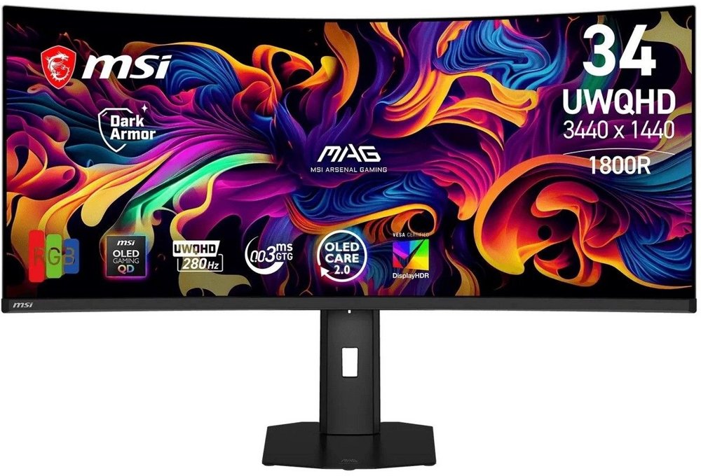 Монитор MSI 34" Mag 341CQP QD-OLED X28 черный QD OLED LED 21:9 HDMI матовая HAS 1500000:1 300cd 178гр/178гр 3440x1440 280Hz G-Sync FreeSync Premium Pro DP UW USB 9.5кг