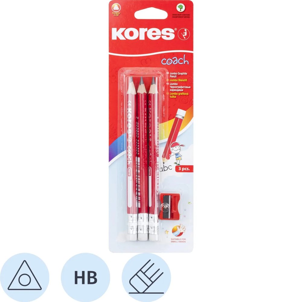 Набор чернографитных карандашей HB с ластиком Kores Jumbo заточенные утолщённые (3 штуки в упаковке + точилка)