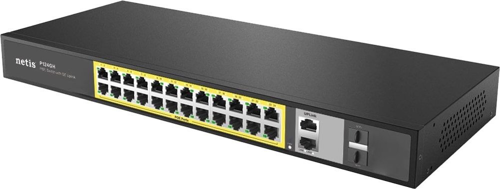 Коммутатор Netis P124GH (L2) 24x100Мбит/с 2x1Гбит/с 1xКомбо(1000BASE-T/SFP) 1SFP 24PoE 24PoE+ 360W неуправляемый