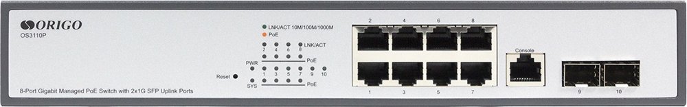 Коммутатор Origo OS3110P OS3110P/135W/A1A (L2) 8x1Гбит/с 2xКомбо(1000BASE-T/SFP) 2SFP 8PoE 8PoE+ 135W управляемый