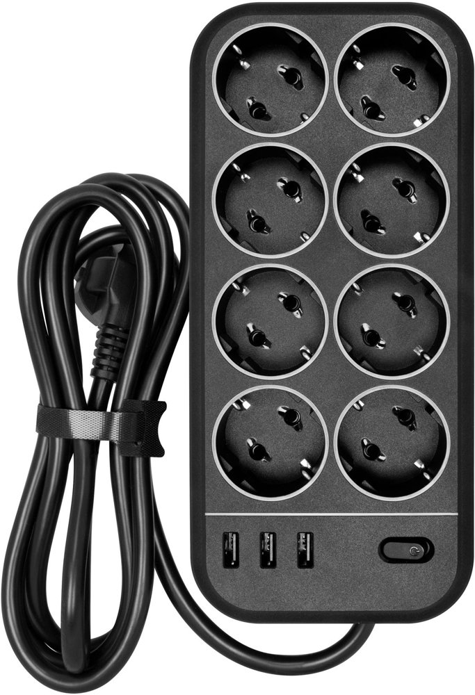 Сетевой фильтр Powercom SP-08 USB03AB 1.8м 1.8м (8 розеток) черный (коробка)