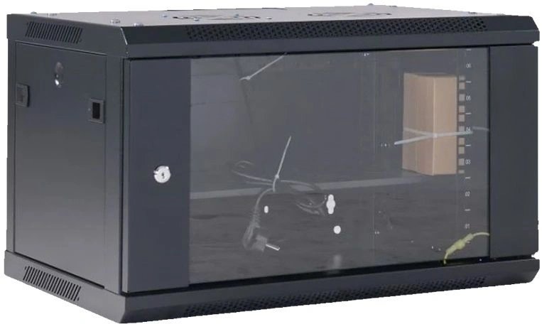 Шкаф коммутационный Rexant (04-0654-112) настенный 6U 400x542мм пер.дв.стекл черный 230град. металл