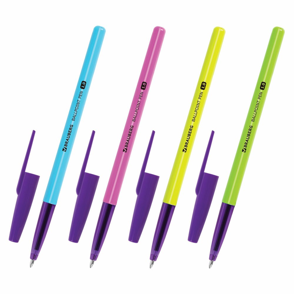 Ручка шариковая BRAUBERG 'Офисная' NEON COLOR, СИНЯЯ, корпус ассорти, пишущий узел 1 мм, линия письма 0,5 мм, 144200