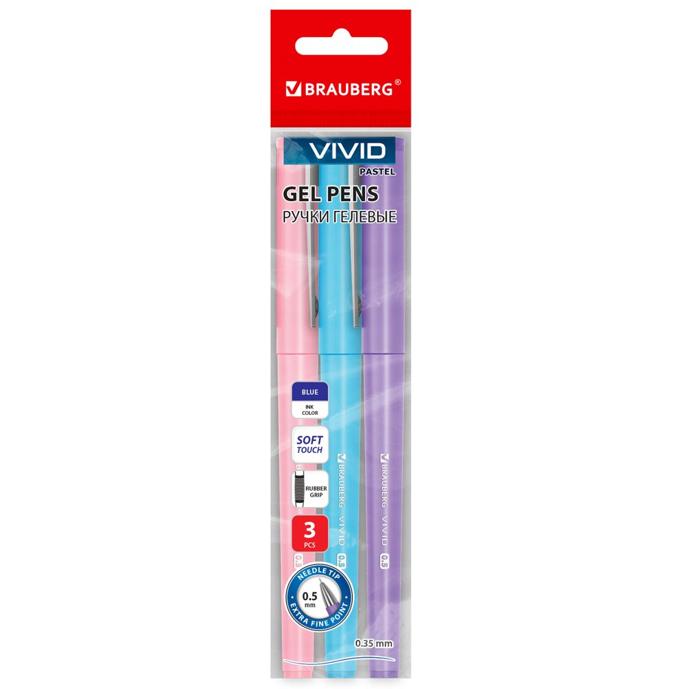Ручки гелевые с грипом BRAUBERG 'VIVID PASTEL', СИНИЕ, НАБОР 3 ШТ., игольчатый узел 0,5 мм, линия письма 0,35 мм, 144540